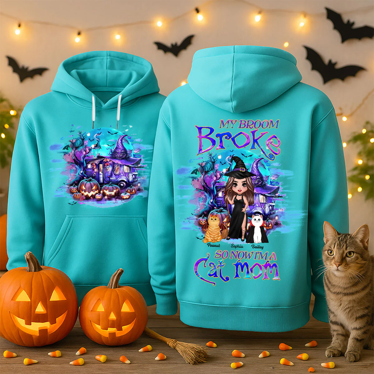 My Broom Broke So Now I'm A Cat Mom Halloween Personalized Hoodie - Image 5