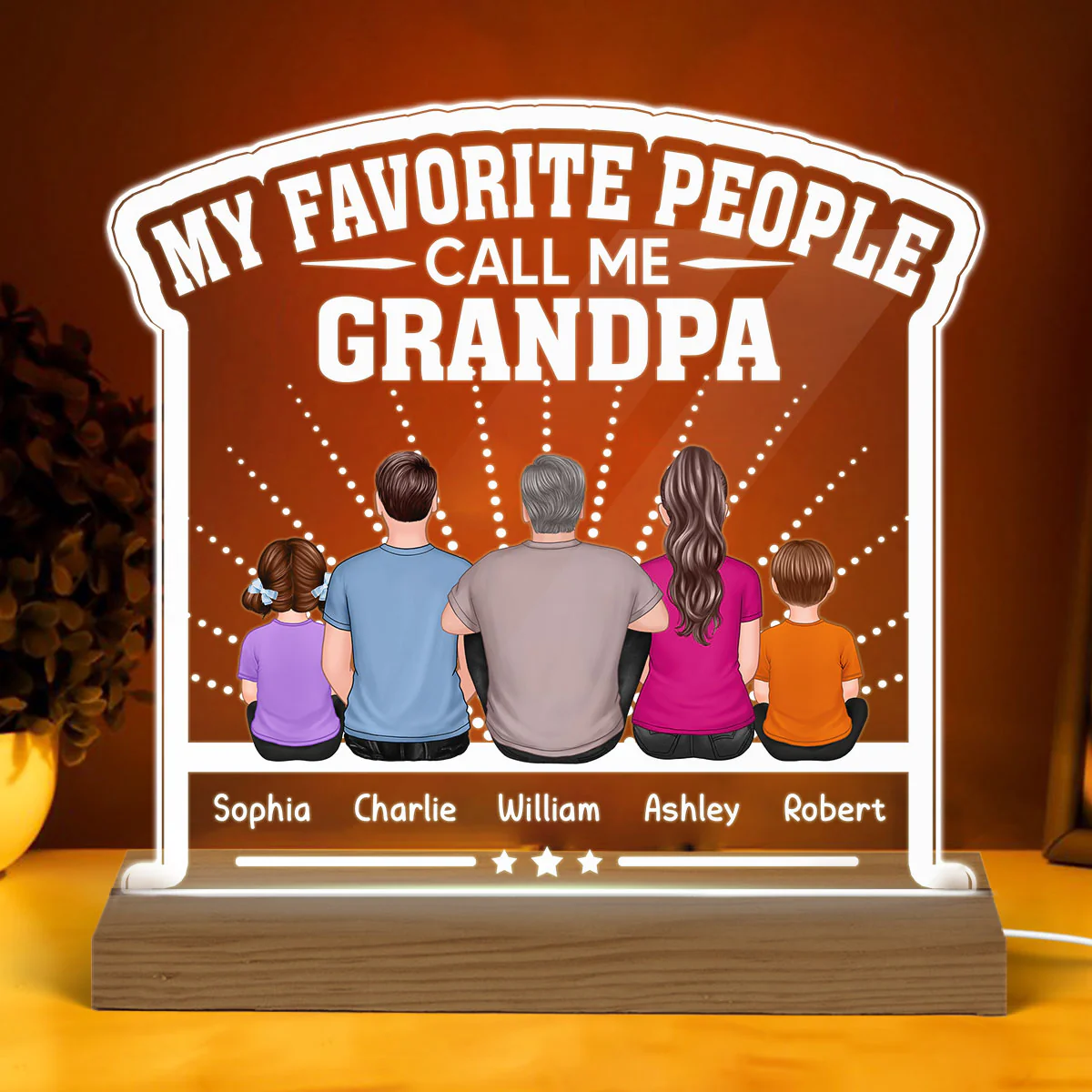 My Favorite People Call Me Grandpa Dad Back View Man Sitting With Kids Personalized Custom Shape Acrylic Plaque Warm LED Night Light