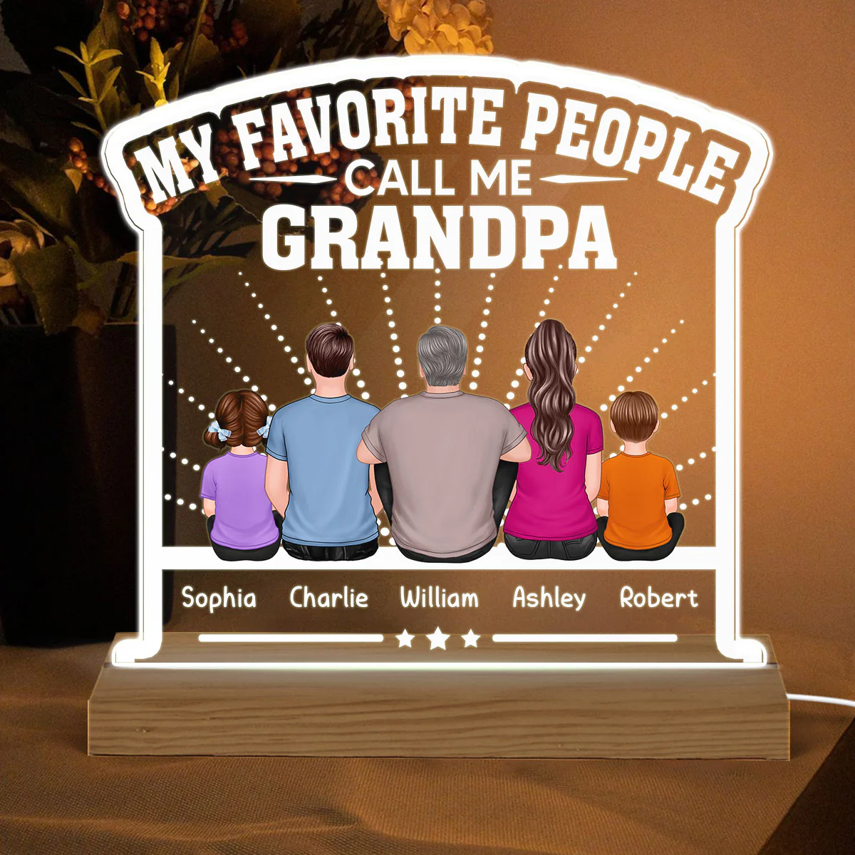 My Favorite People Call Me Grandpa Dad Back View Man Sitting With Kids Personalized Custom Shape Acrylic Plaque Warm LED Night Light - Image 2