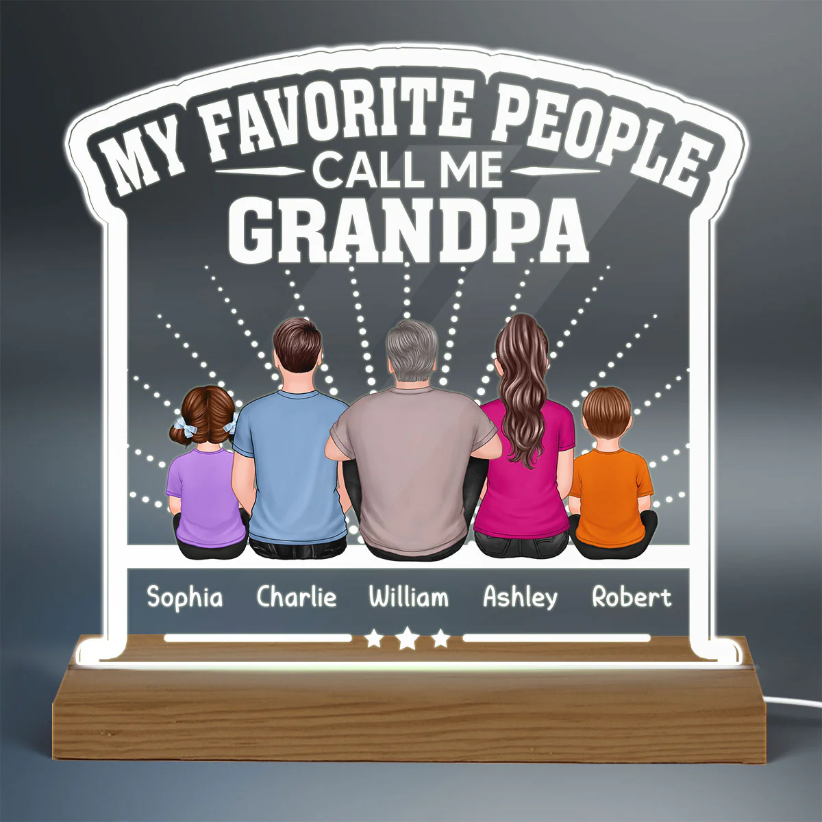 My Favorite People Call Me Grandpa Dad Back View Man Sitting With Kids Personalized Custom Shape Acrylic Plaque Warm LED Night Light - Image 3