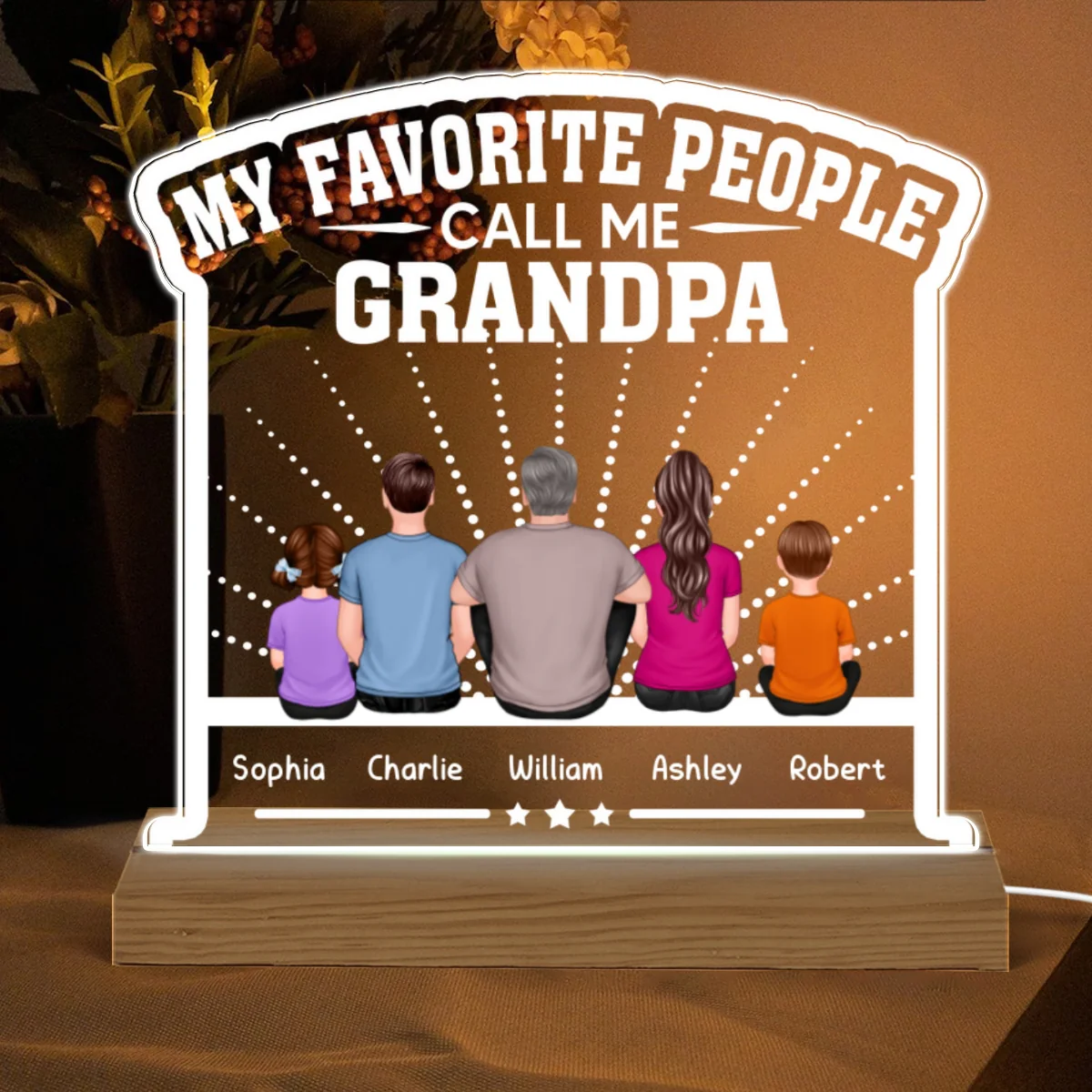My Favorite People Call Me Grandpa Dad Back View Man Sitting With Kids Personalized Custom Shape Acrylic Plaque Warm LED Night Light - Image 4