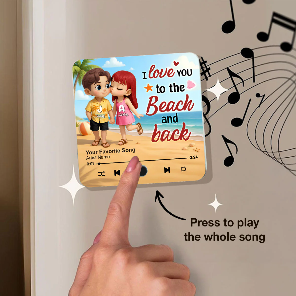 My Favorite Place in All the World is Next to You, Summer Cartoon Couple Personalized Music Fridge Magnet - Image 4