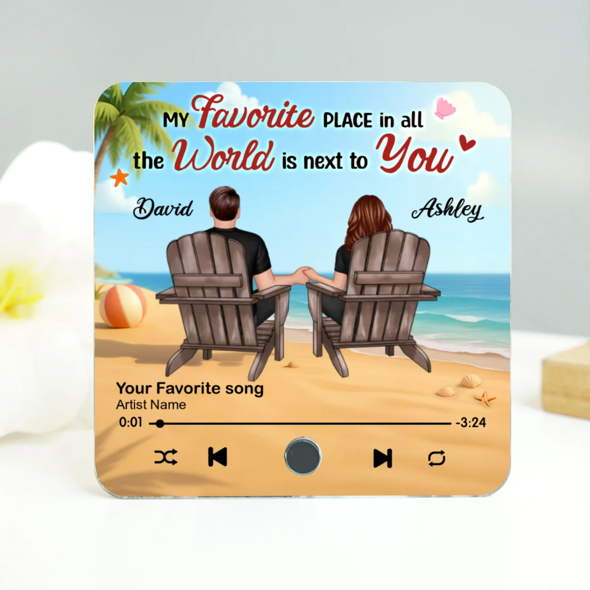 My Favorite Place in All the World is Next to You, Summer Couple Sitting Back View Personalized Music Fridge Magnet - Image 11