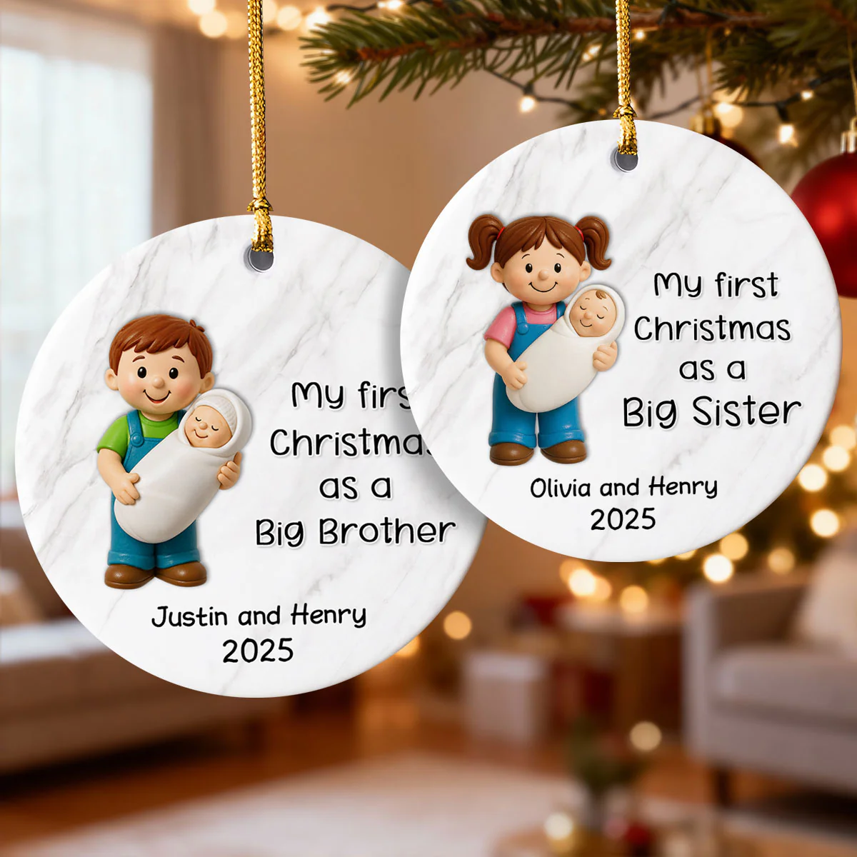 My First Christmas As Big Sister Big Brother - Personalized Ceramic Ornament - Proud New Big Siblings Gift - Image 3