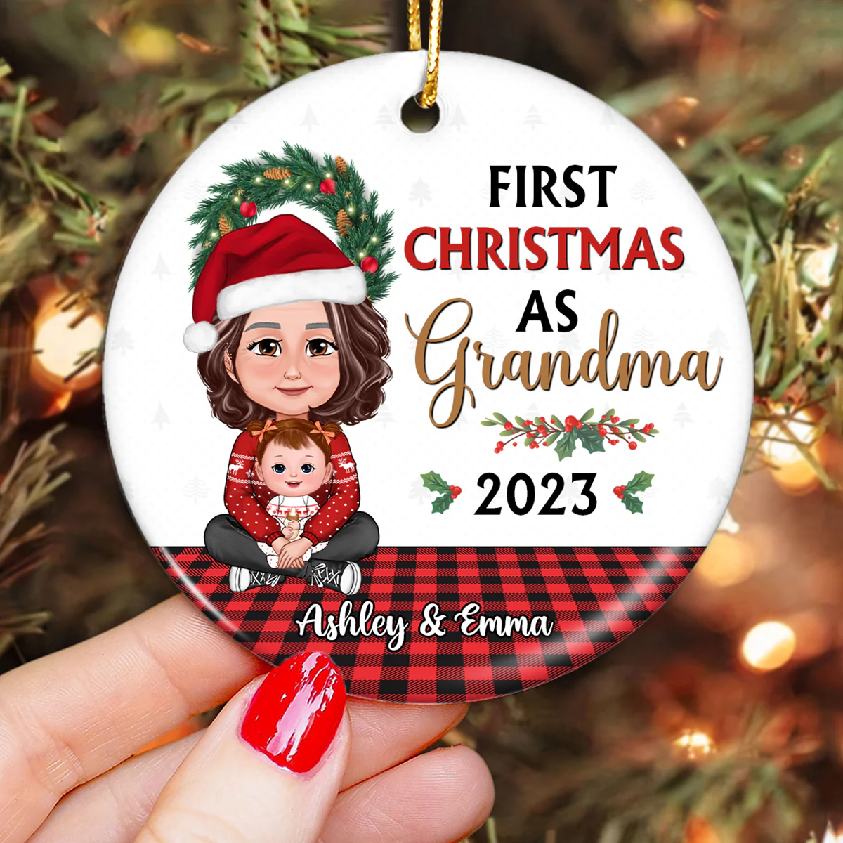 My First Christmas As Grandma Crossed Legs Grandma Grandkid Personalized Circle Ornament - Image 3