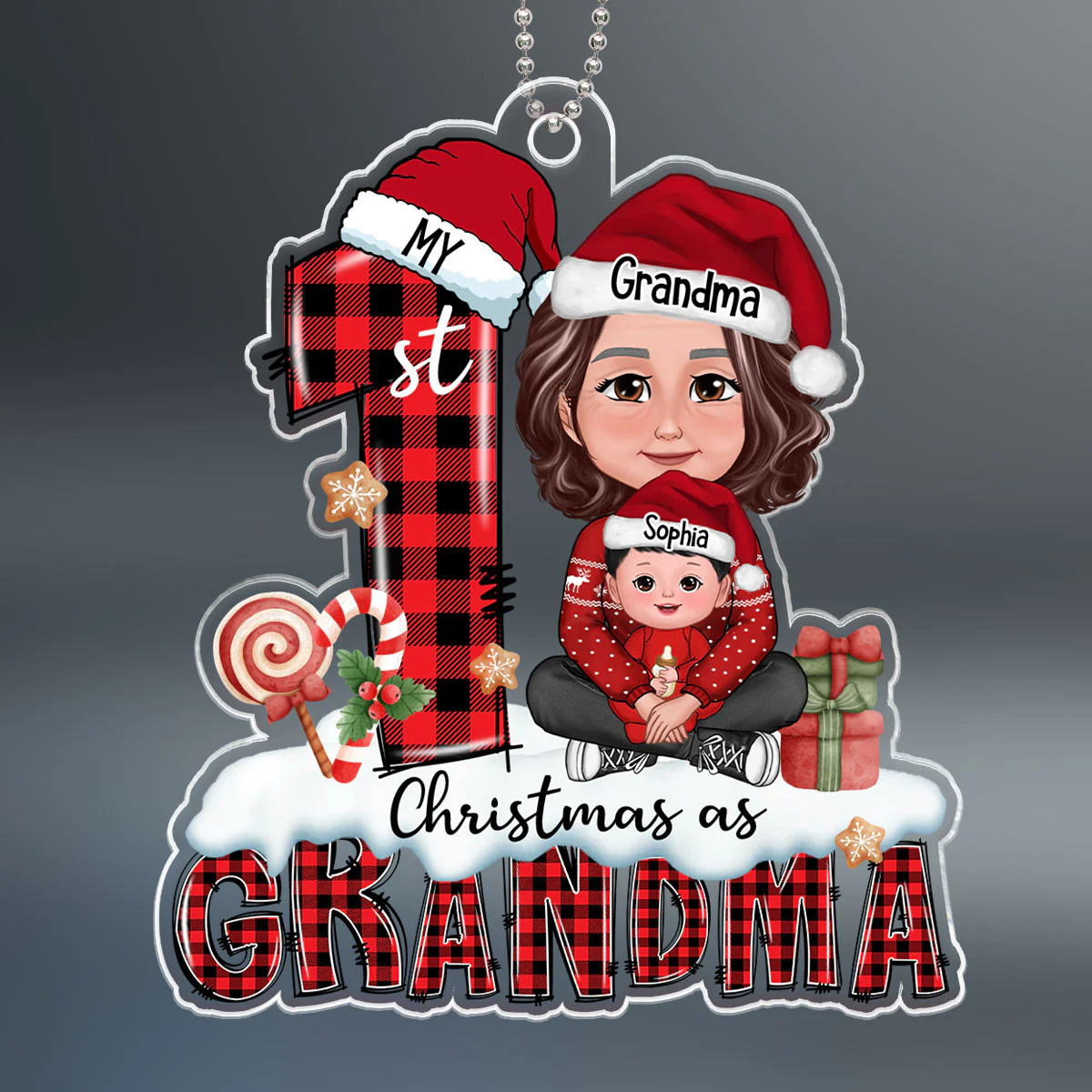 My First Christmas As Grandma Woman Kid Crossed Legs Personalized Acrylic Ornament - Image 2