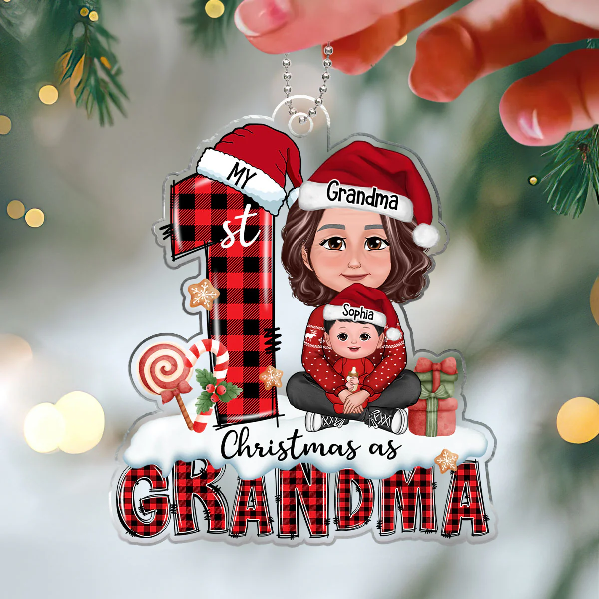 My First Christmas As Grandma Woman Kid Crossed Legs Personalized Acrylic Ornament - Image 3