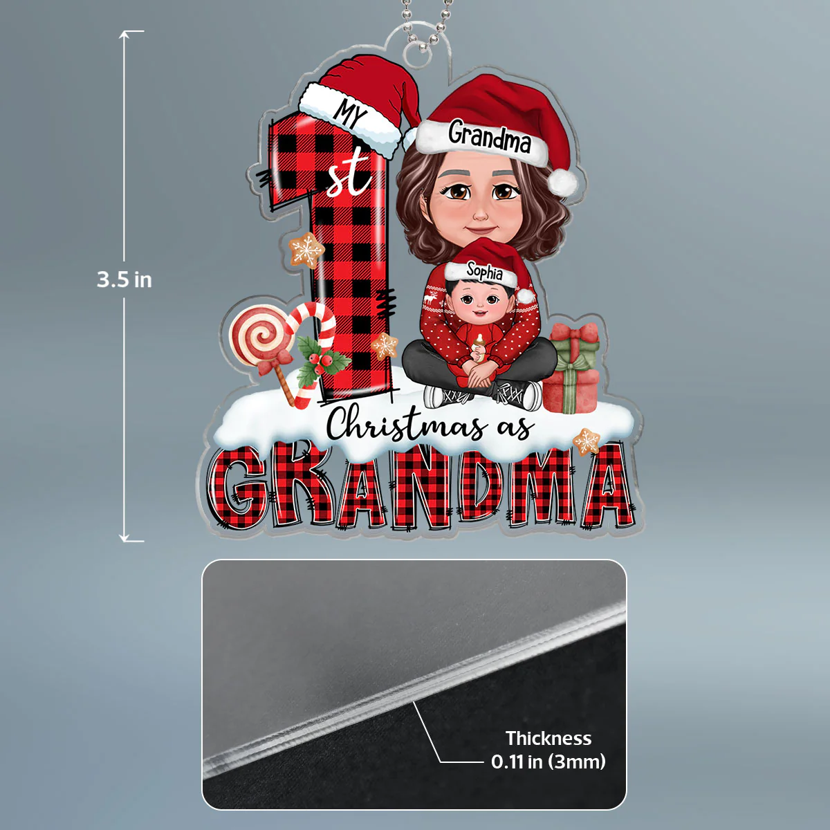 My First Christmas As Grandma Woman Kid Crossed Legs Personalized Acrylic Ornament - Image 4