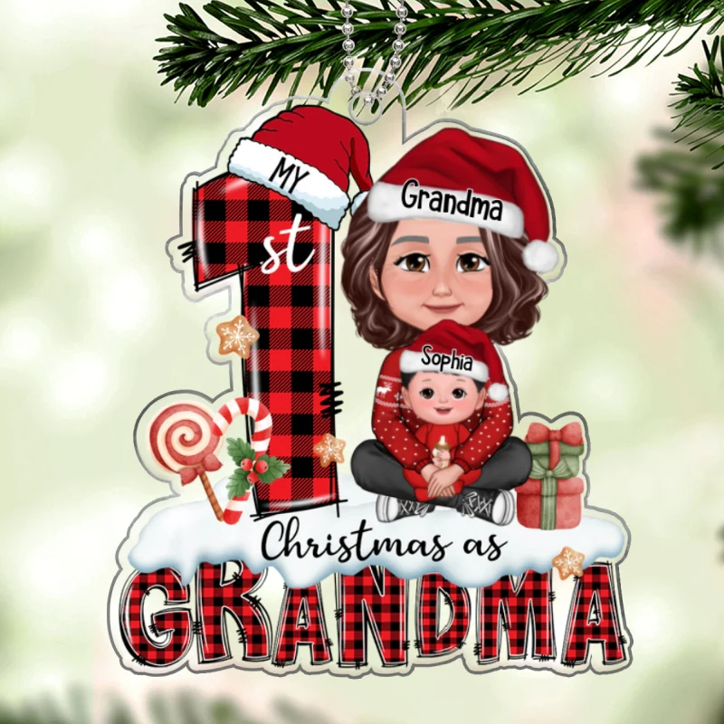 My First Christmas As Grandma Woman Kid Crossed Legs Personalized Acrylic Ornament - Image 5