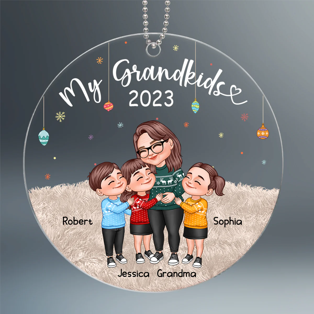 My Grandkids Cartoon Grandma & Grandkids Hugging Personalized Acrylic Ornament - Image 2