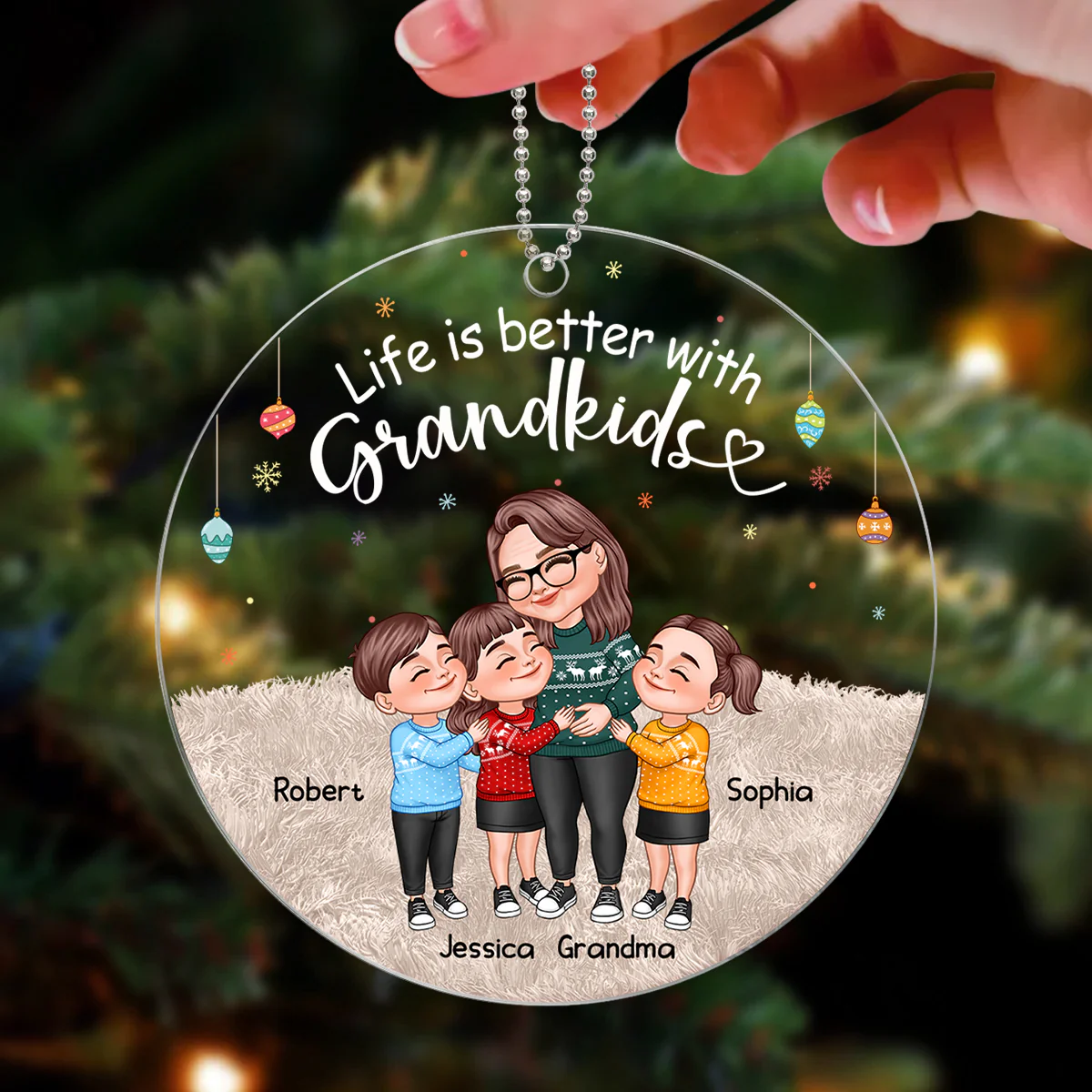My Grandkids Cartoon Grandma & Grandkids Hugging Personalized Acrylic Ornament - Image 3