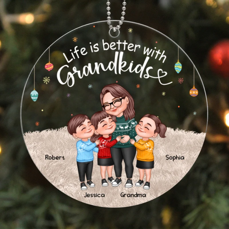 My Grandkids Cartoon Grandma & Grandkids Hugging Personalized Acrylic Ornament - Image 5