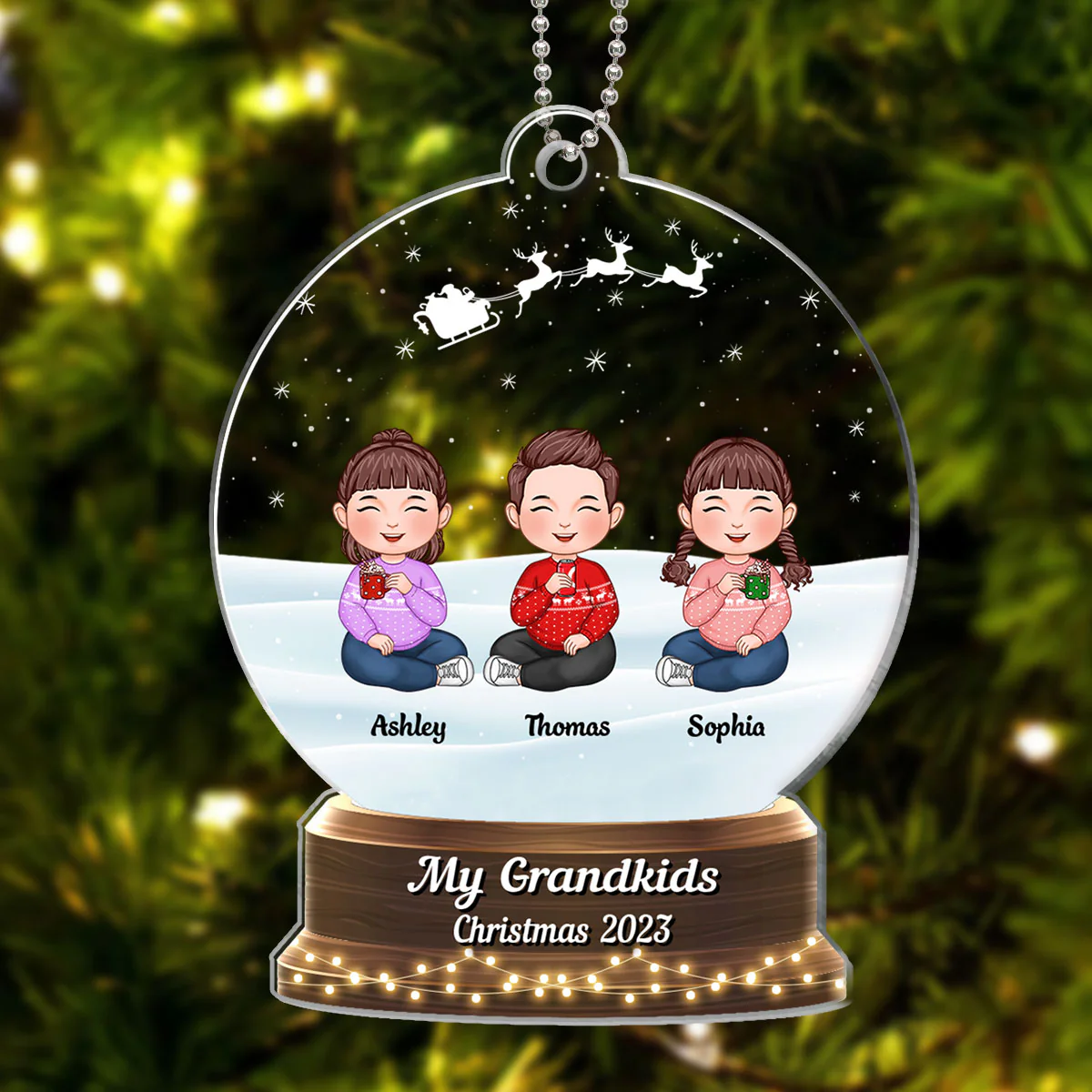 My Grandkids Cute Doll Kids Sitting Personalized Snow Globe Shaped Acrylic Ornament - Image 3