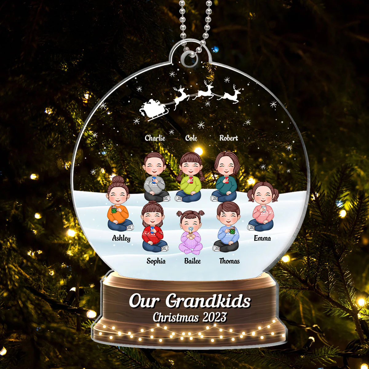 My Grandkids Cute Doll Kids Sitting Personalized Snow Globe Shaped Acrylic Ornament - Image 4