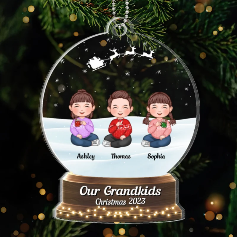 My Grandkids Cute Doll Kids Sitting Personalized Snow Globe Shaped Acrylic Ornament - Image 5