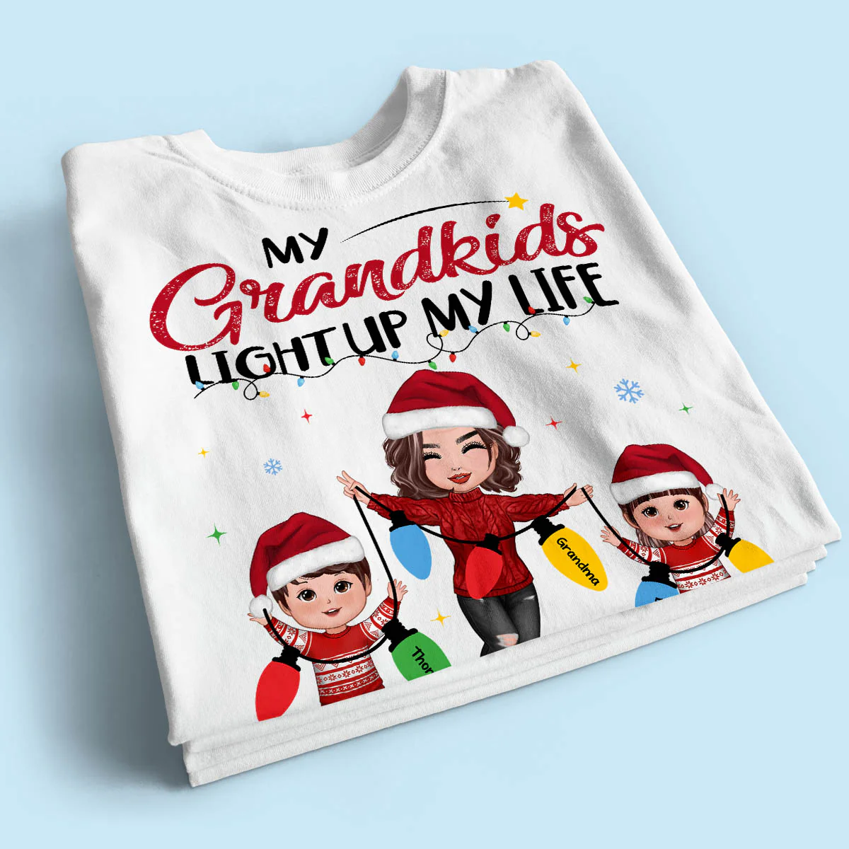 My Grandkids Light Up My Life Happy Doll Grandma Grandkids Personalized Christmas Sweatshirt Hoodie - Image 2