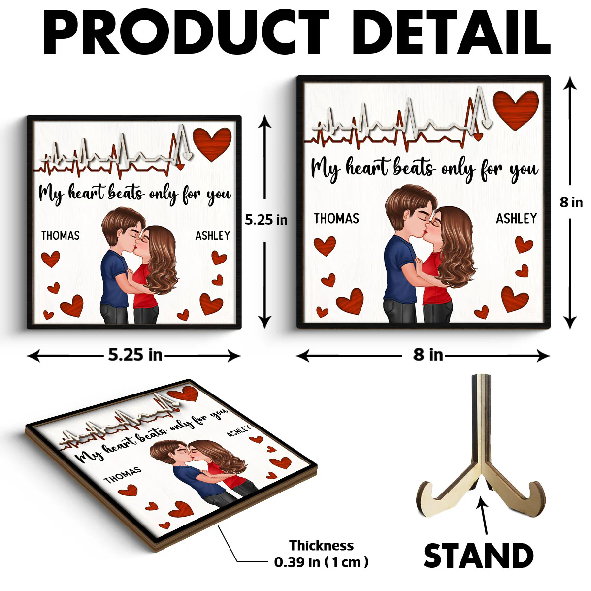 My Heart Beats Only For You Couple Hugging Kissing Valentine‘s Day Gift For Him For Her Personalized 2-Layer Wooden Plaque - Image 6