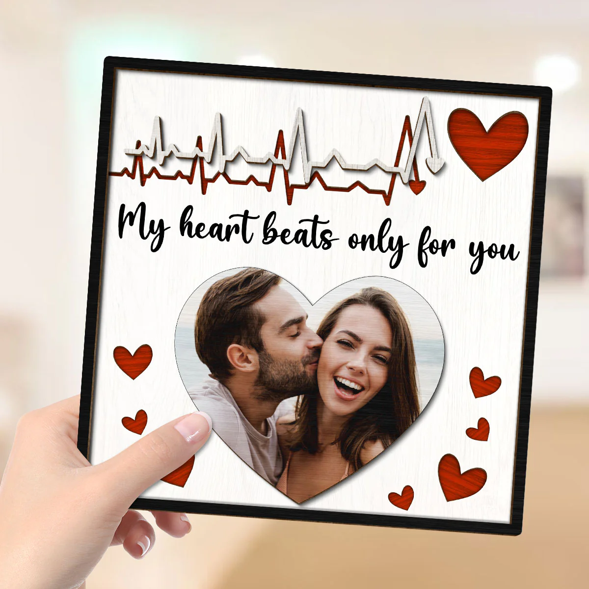My Heart Beats Only For You Couple Photo Valentine‘s Day Gift For Him For Her Personalized 2-Layer Wooden Plaque - Image 5
