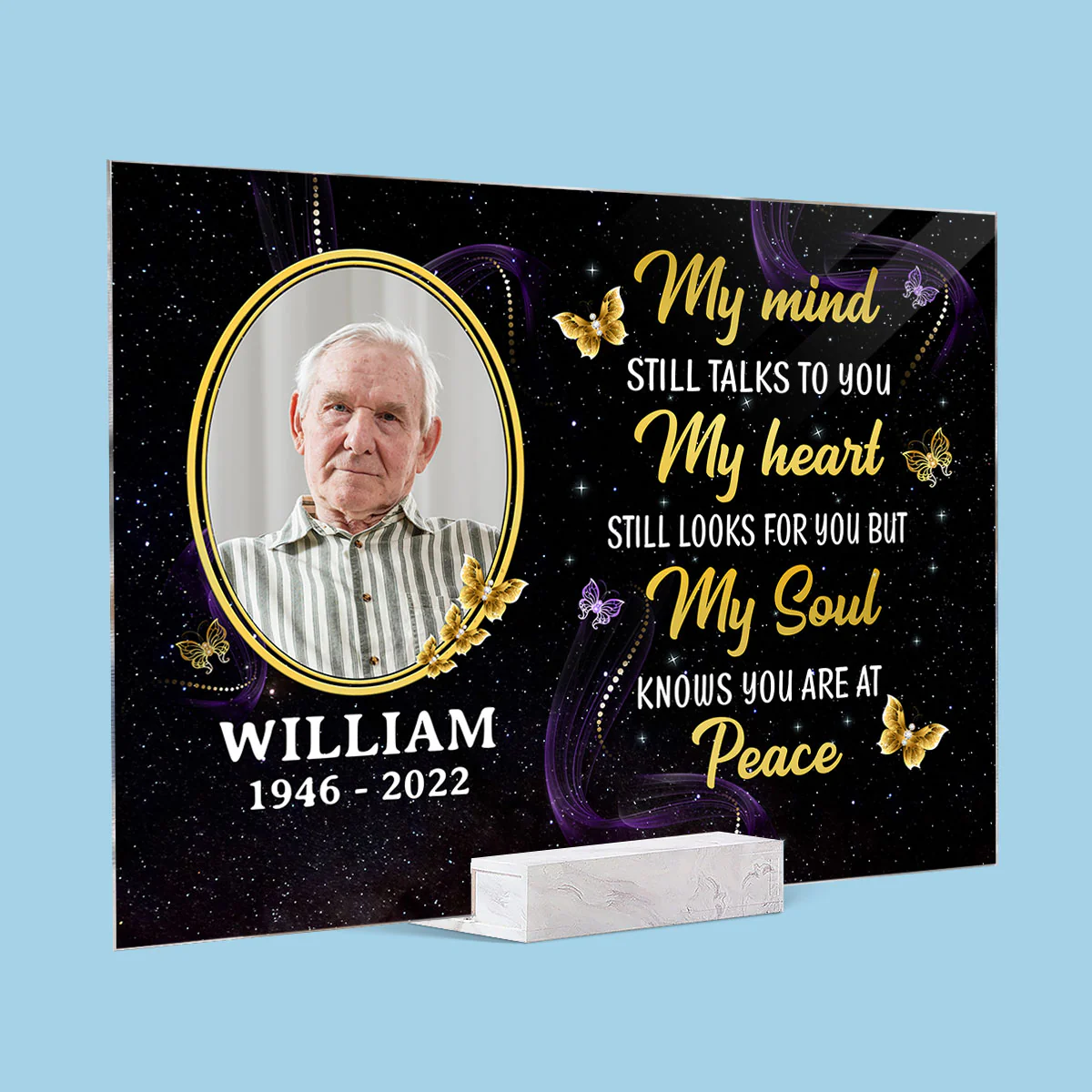 My Mind Still Talks To You Photo Inserted Glow Butterflies Memorial Sympathy Remembrance Keepsake Personalized Acrylic Plaque - Image 2