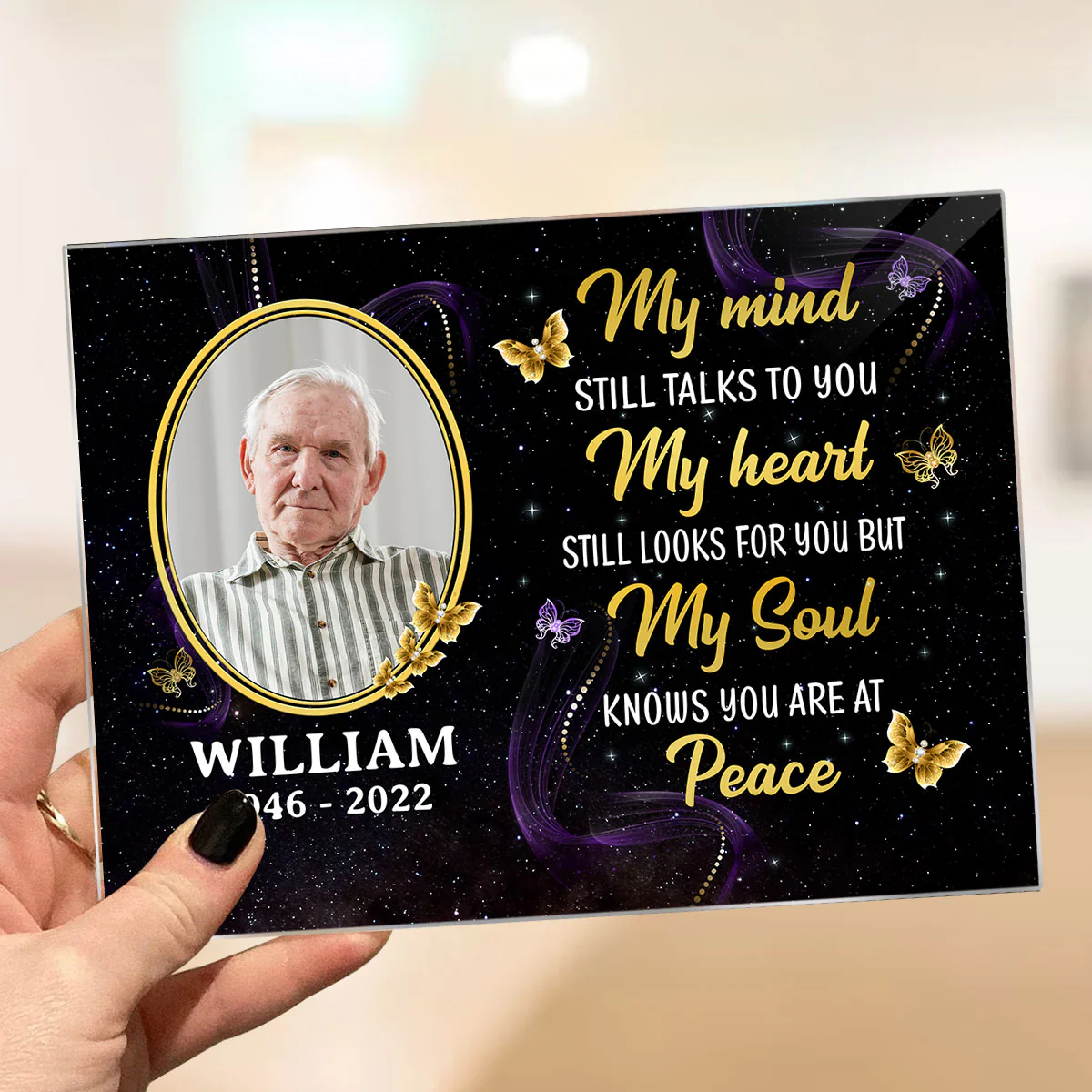 My Mind Still Talks To You Photo Inserted Glow Butterflies Memorial Sympathy Remembrance Keepsake Personalized Acrylic Plaque - Image 3