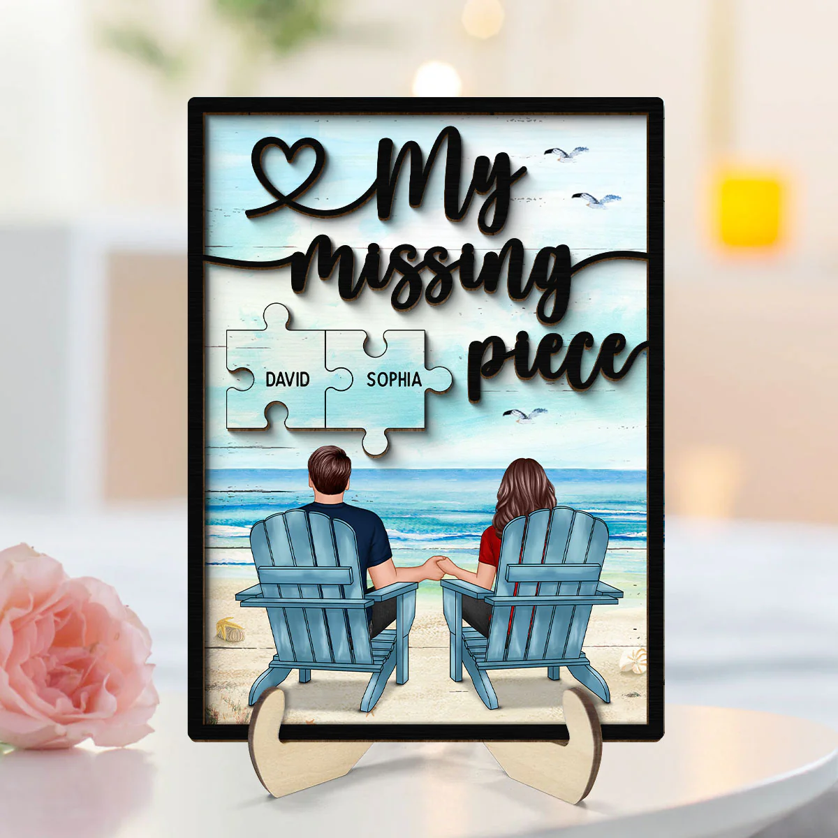 My Missing Piece Back View Couple Beach Landscape Valentine‘s Day Gift For Him For Her Personalized 2-Layer Wooden Plaque - Image 2