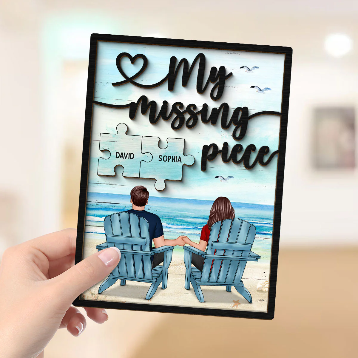 My Missing Piece Back View Couple Beach Landscape Valentine‘s Day Gift For Him For Her Personalized 2-Layer Wooden Plaque - Image 4