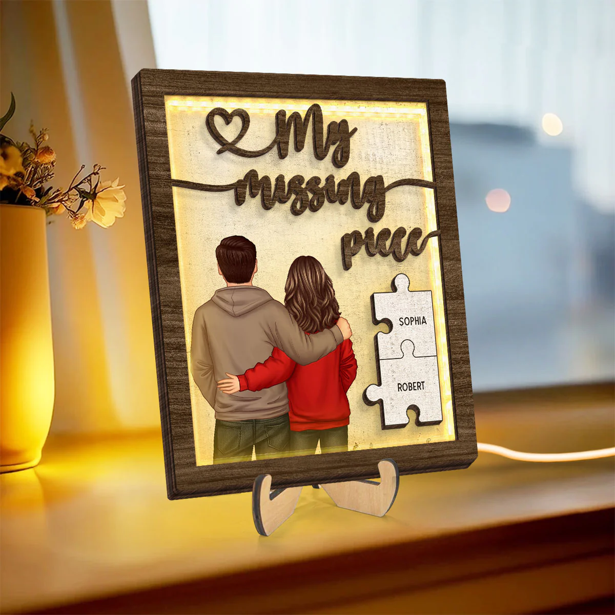 My Missing Piece Back View Couple Personalized 2-Layered Wooden Plaque with LED, Heartfelt Birthday, Anniversary Gift for him, for her - Image 3