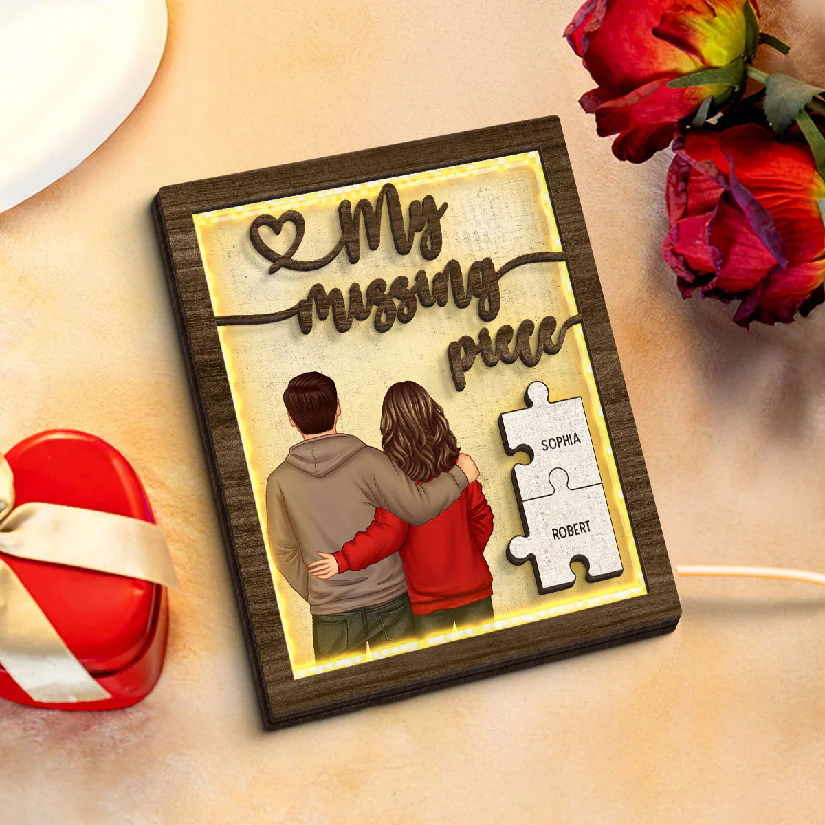 My Missing Piece Back View Couple Personalized 2-Layered Wooden Plaque with LED, Heartfelt Birthday, Anniversary Gift for him, for her - Image 4