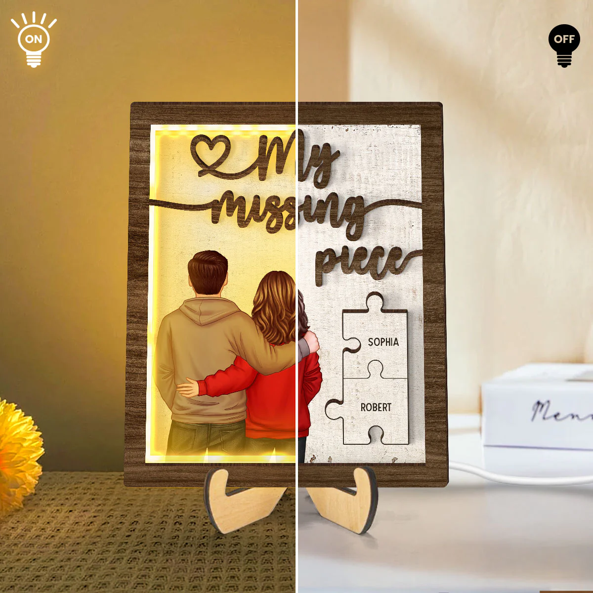 My Missing Piece Back View Couple Personalized 2-Layered Wooden Plaque with LED, Heartfelt Birthday, Anniversary Gift for him, for her - Image 5