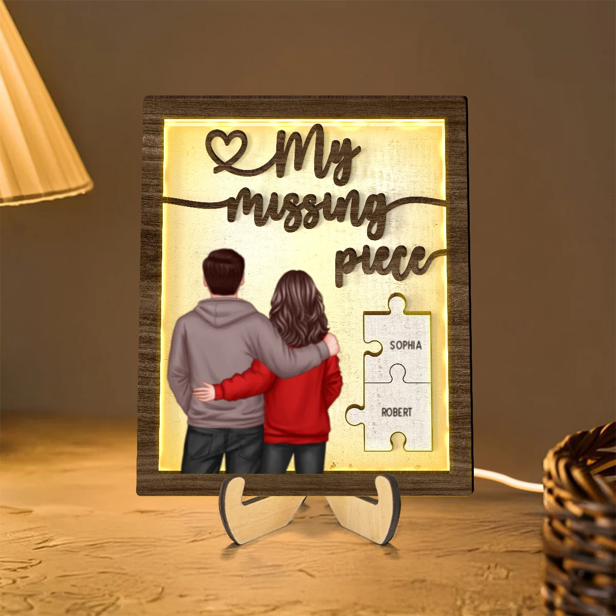 My Missing Piece Back View Couple Personalized 2-Layered Wooden Plaque with LED, Heartfelt Birthday, Anniversary Gift for him, for her - Image 8