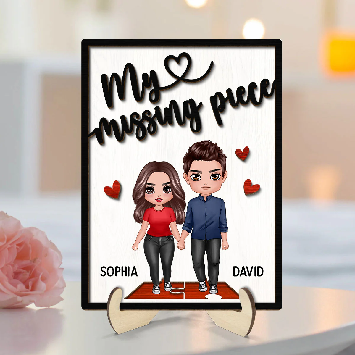 My Missing Piece Couple Holding Hands Valentine‘s Day Gift For Her Gift For Him Personalized 2-Layer Wooden Plaque - Image 2