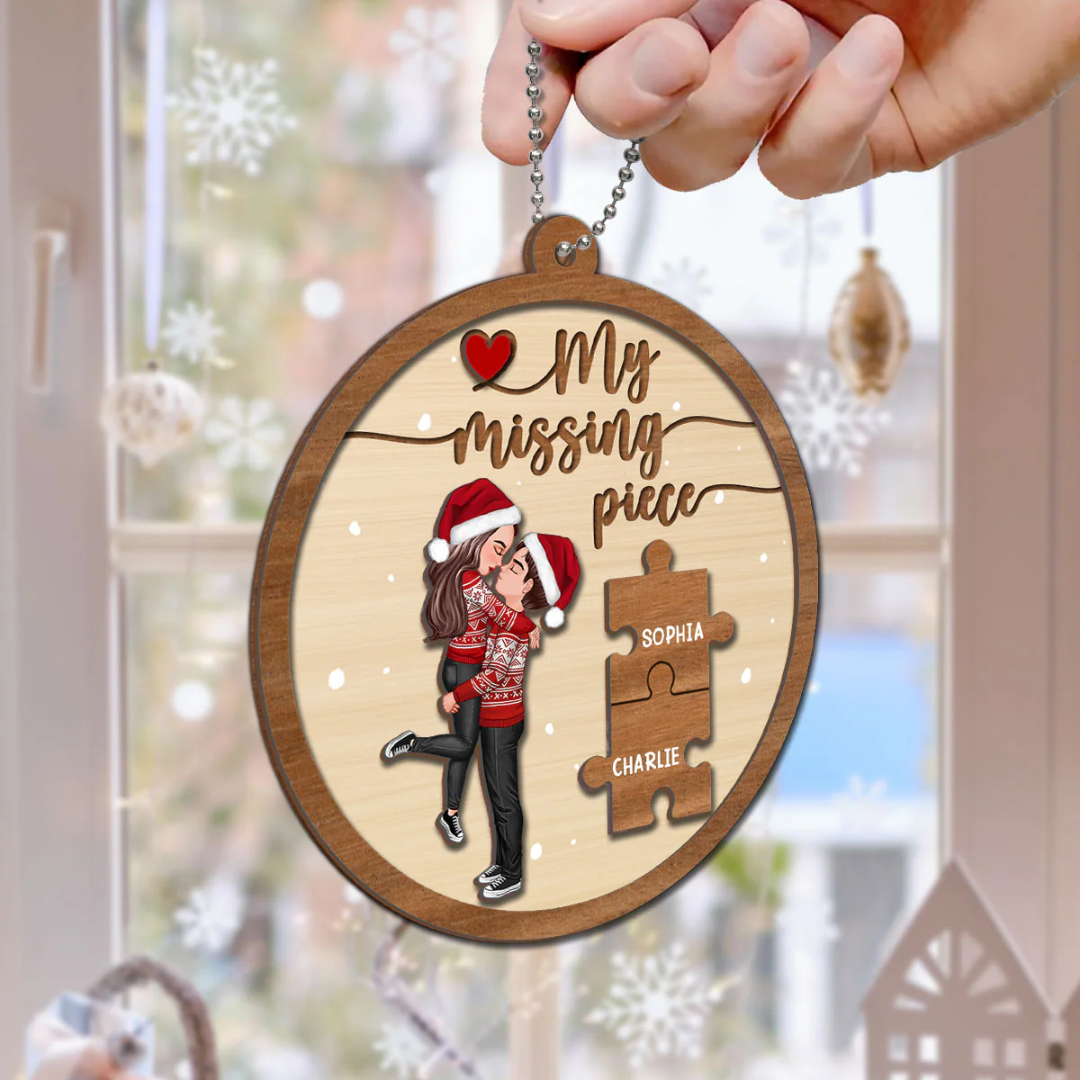 My Missing Piece Couple Hugging Kissing Christmas Personalized 2-Layer Wooden Ornament - Image 5