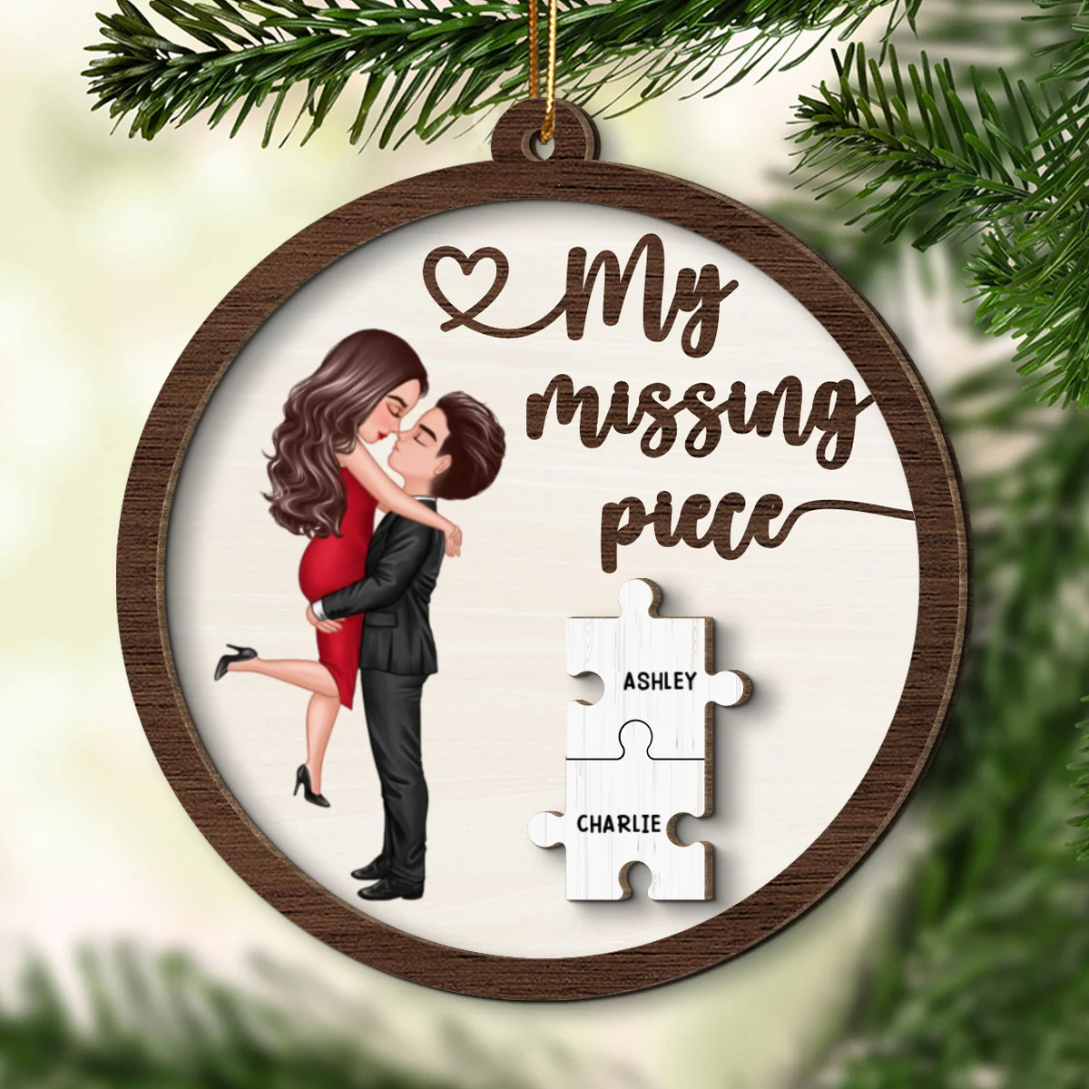 My Missing Piece Couple Hugging Kissing Personalized 2-Layer Wooden Ornament - Image 10