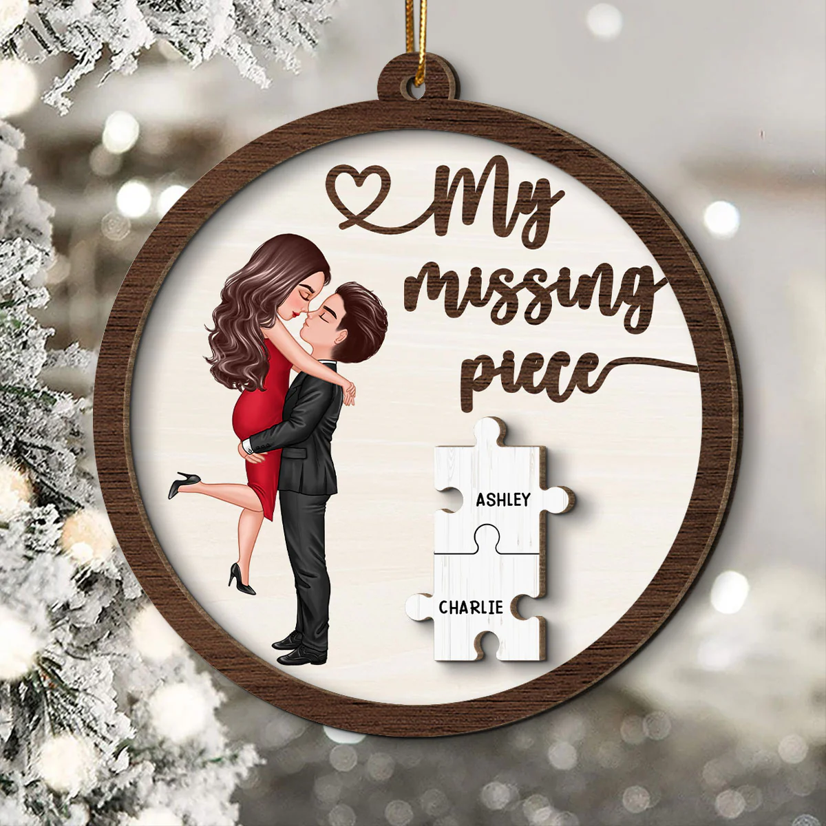 My Missing Piece Couple Hugging Kissing Personalized 2-Layer Wooden Ornament - Image 2
