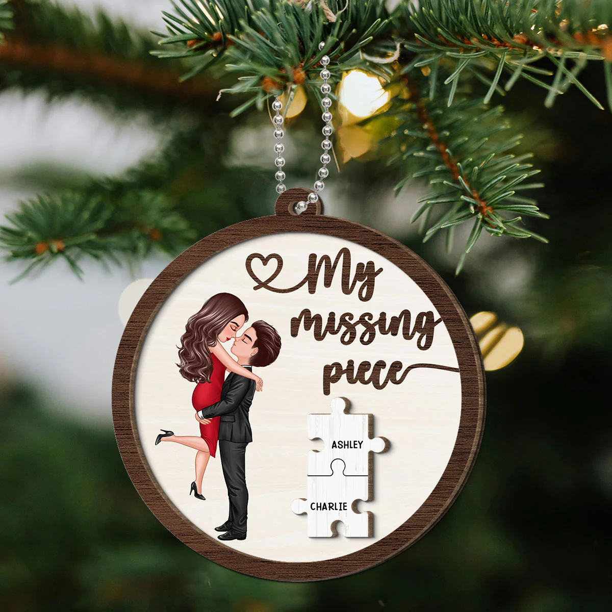 My Missing Piece Couple Hugging Kissing Personalized 2-Layer Wooden Ornament - Image 7