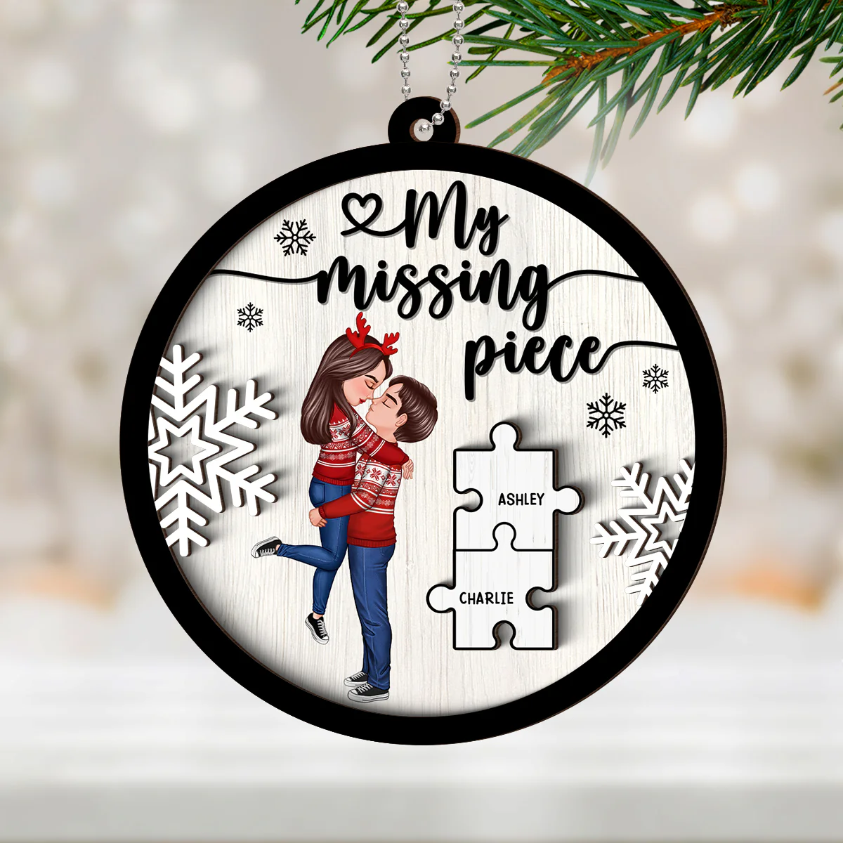 My Missing Piece Couple Hugging Kissing Personalized 2-Layer Wooden Ornament, Christmas Gift For Her, For Him