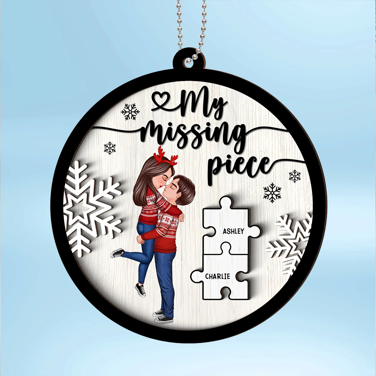 My Missing Piece Couple Hugging Kissing Personalized 2-Layer Wooden Ornament, Christmas Gift For Her, For Him - Image 2