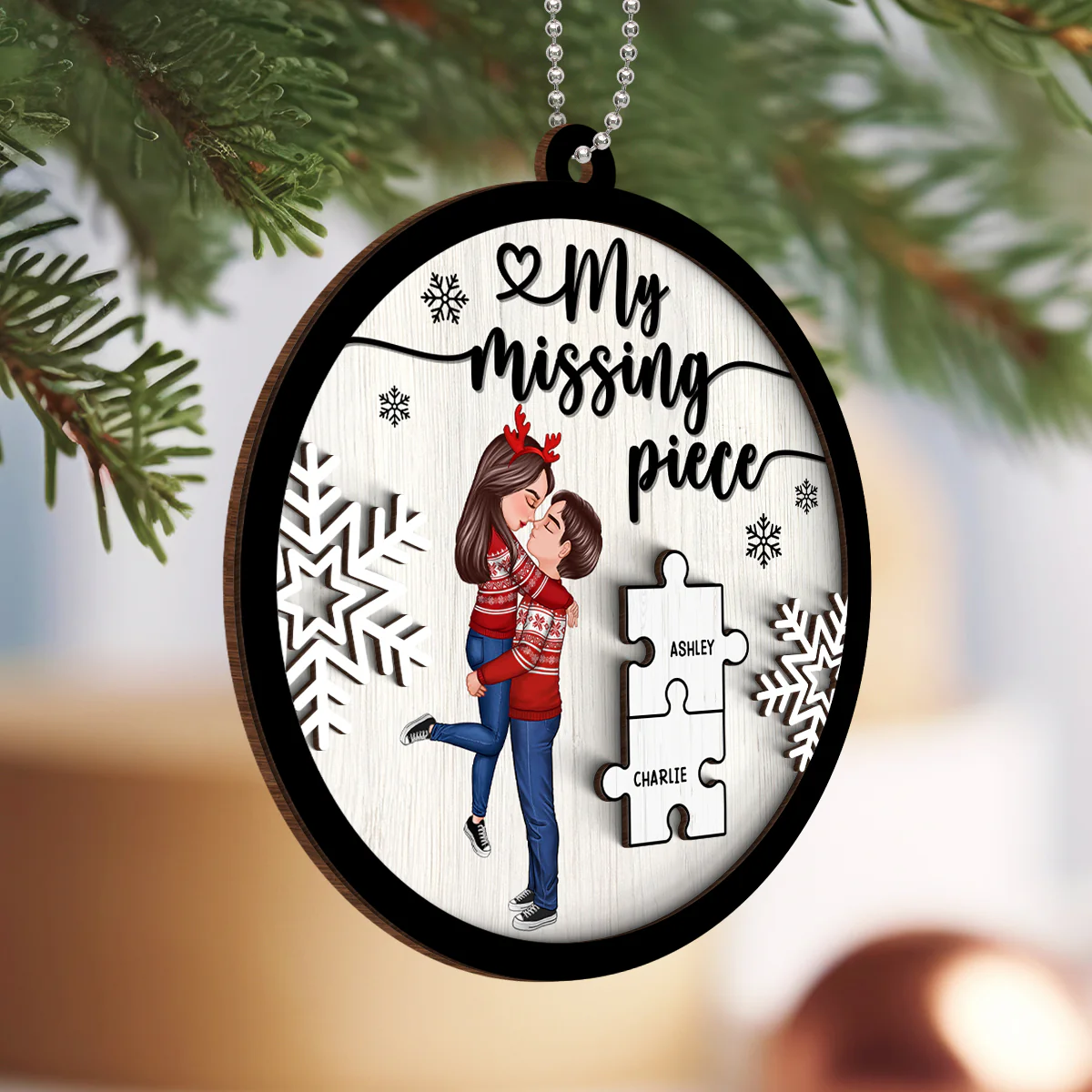 My Missing Piece Couple Hugging Kissing Personalized 2-Layer Wooden Ornament, Christmas Gift For Her, For Him - Image 3