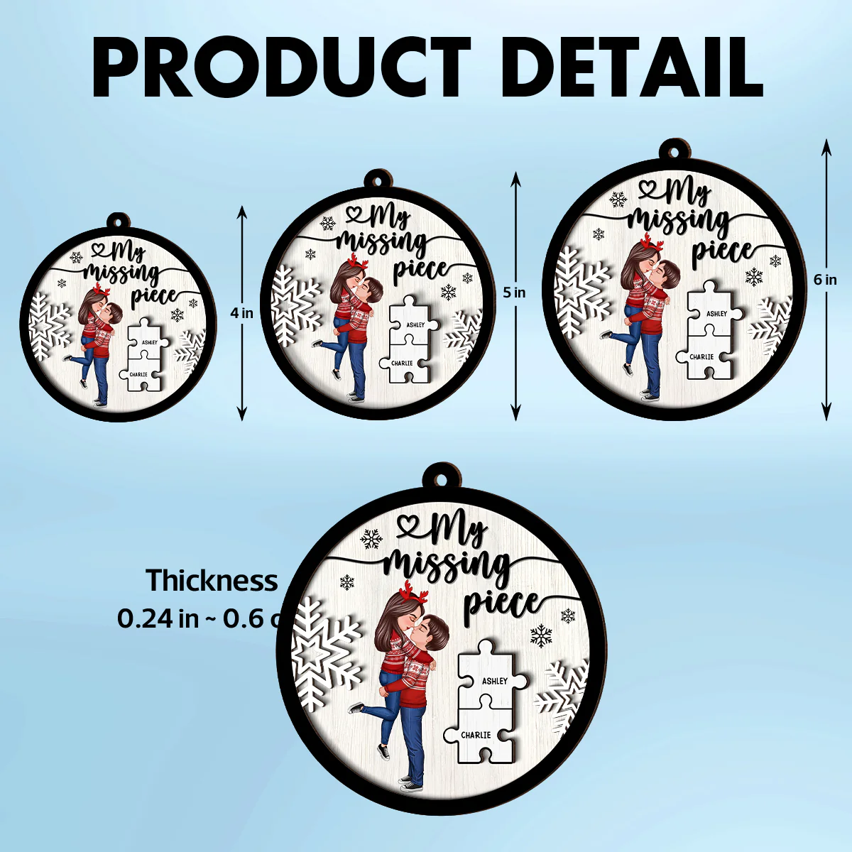 My Missing Piece Couple Hugging Kissing Personalized 2-Layer Wooden Ornament, Christmas Gift For Her, For Him - Image 4