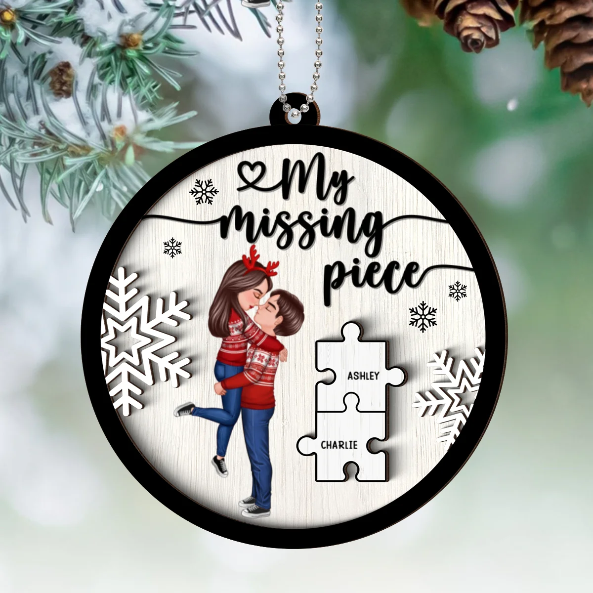 My Missing Piece Couple Hugging Kissing Personalized 2-Layer Wooden Ornament, Christmas Gift For Her, For Him - Image 6