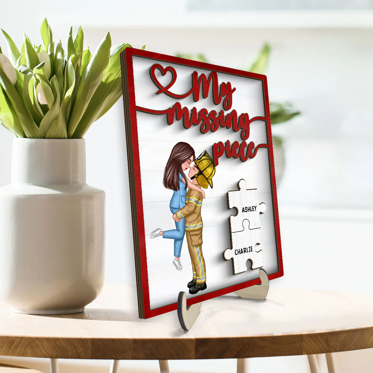 My Missing Piece Couple Hugging Kissing Red Valentine‘s Day Gift by Occupation Gift For Her Gift For Him Personalized 2-Layer Wooden Plaque - Image 3