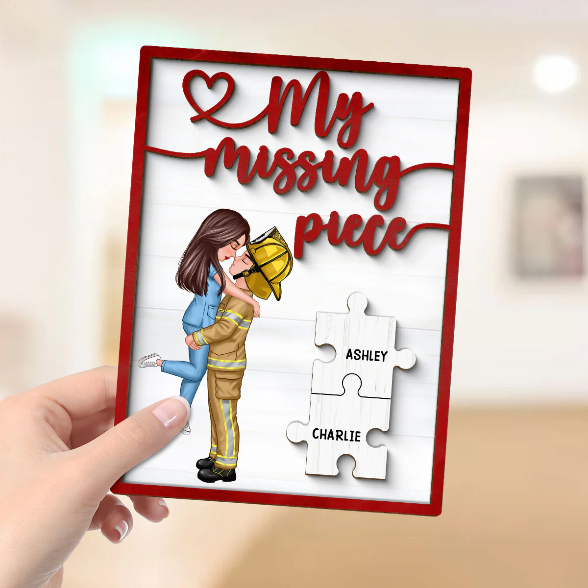 My Missing Piece Couple Hugging Kissing Red Valentine‘s Day Gift by Occupation Gift For Her Gift For Him Personalized 2-Layer Wooden Plaque - Image 4