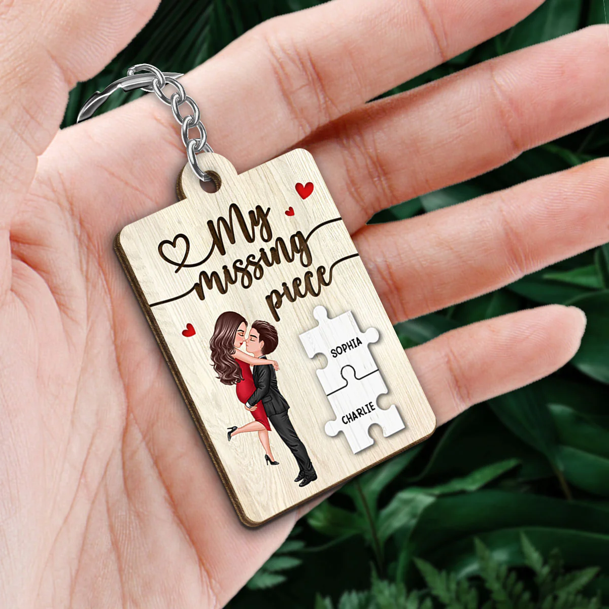My Missing Piece Couple Hugging Kissing Valentine‘s Day Gift For Her Gift For Him Personalized Wooden Keychain - Image 2