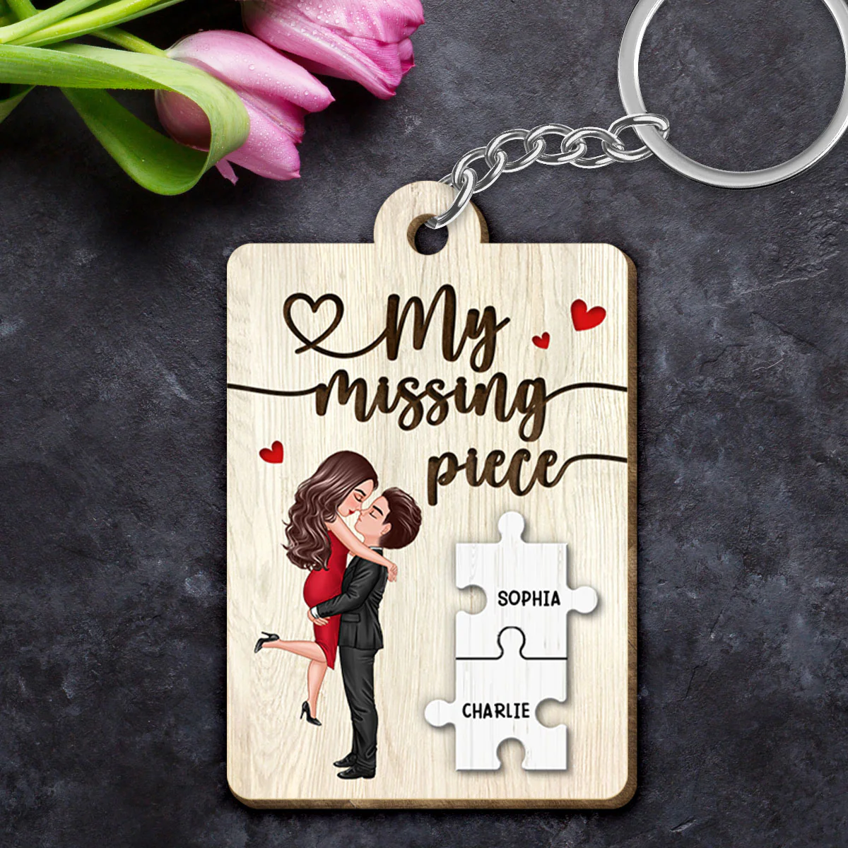 My Missing Piece Couple Hugging Kissing Valentine‘s Day Gift For Her Gift For Him Personalized Wooden Keychain - Image 4