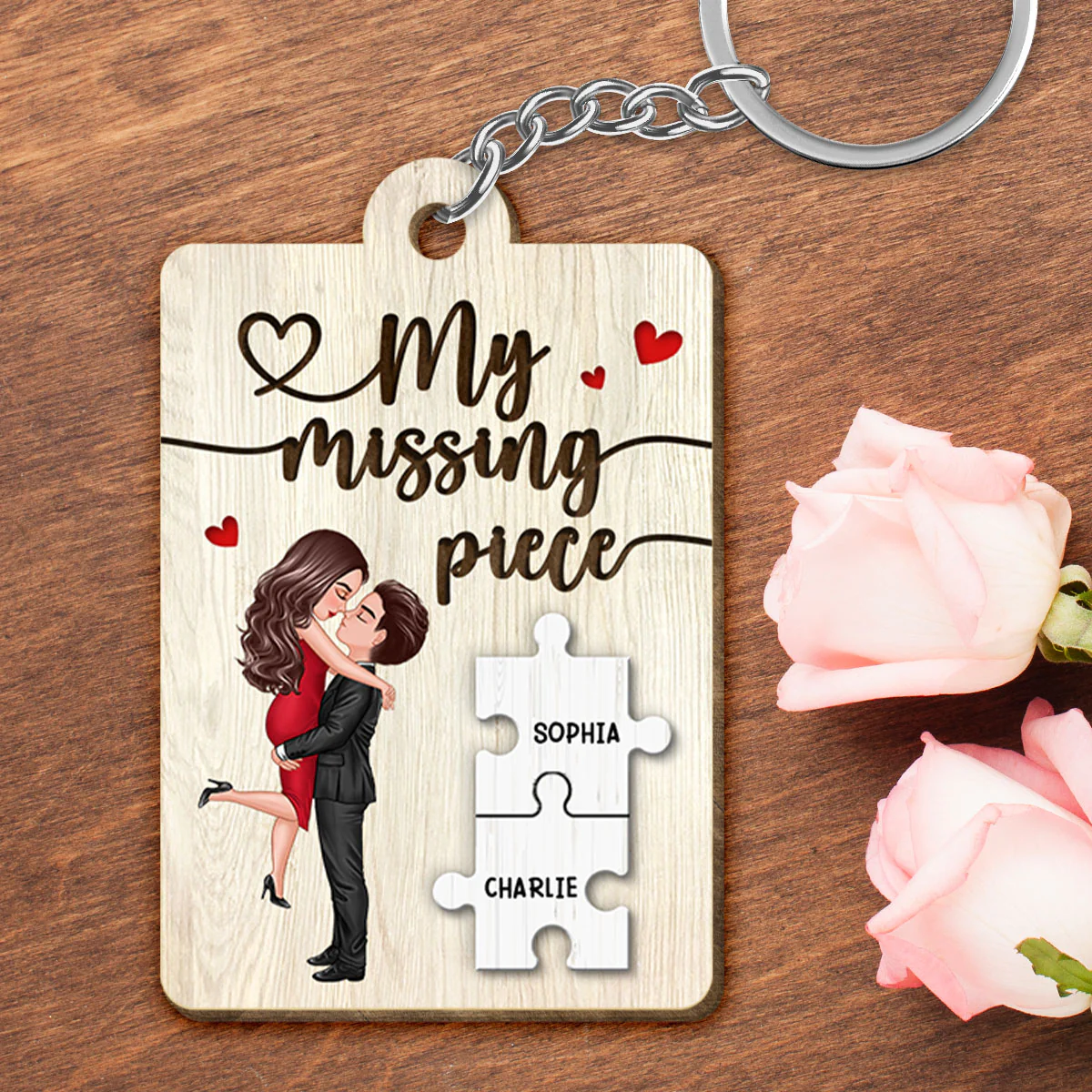 My Missing Piece Couple Hugging Kissing Valentine‘s Day Gift For Her Gift For Him Personalized Wooden Keychain - Image 5