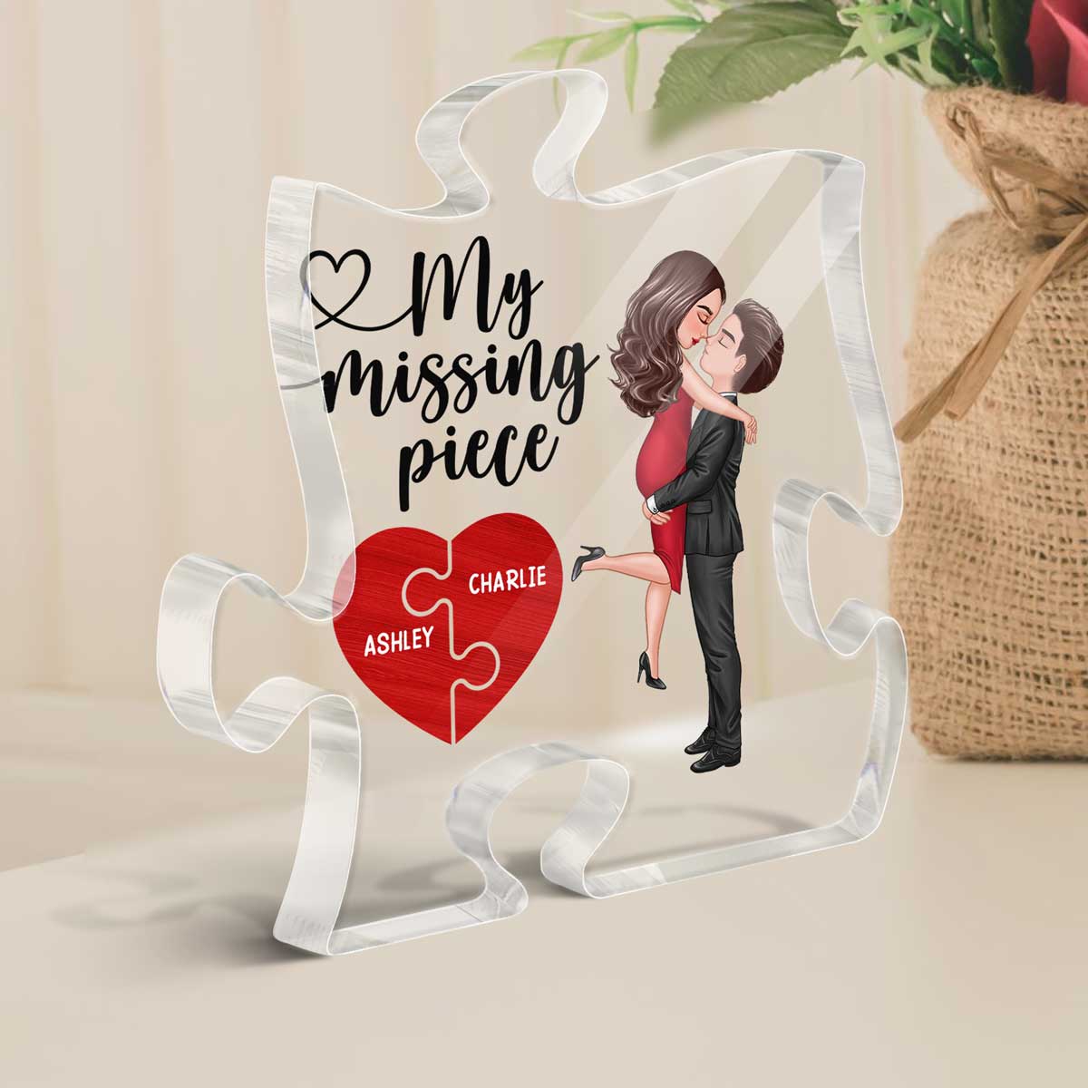 My Missing Piece Couple Hugging Kissing Valentine‘s Day Gift Personalized Puzzle Shaped Acrylic Plaque - Image 3
