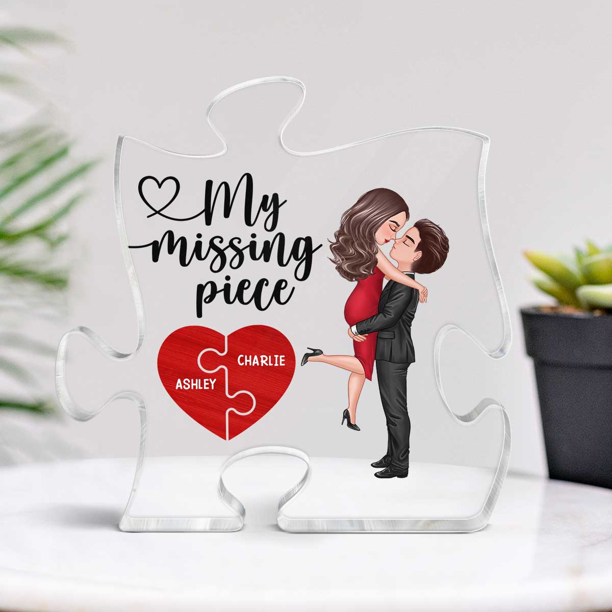 My Missing Piece Couple Hugging Kissing Valentine‘s Day Gift Personalized Puzzle Shaped Acrylic Plaque - Image 4