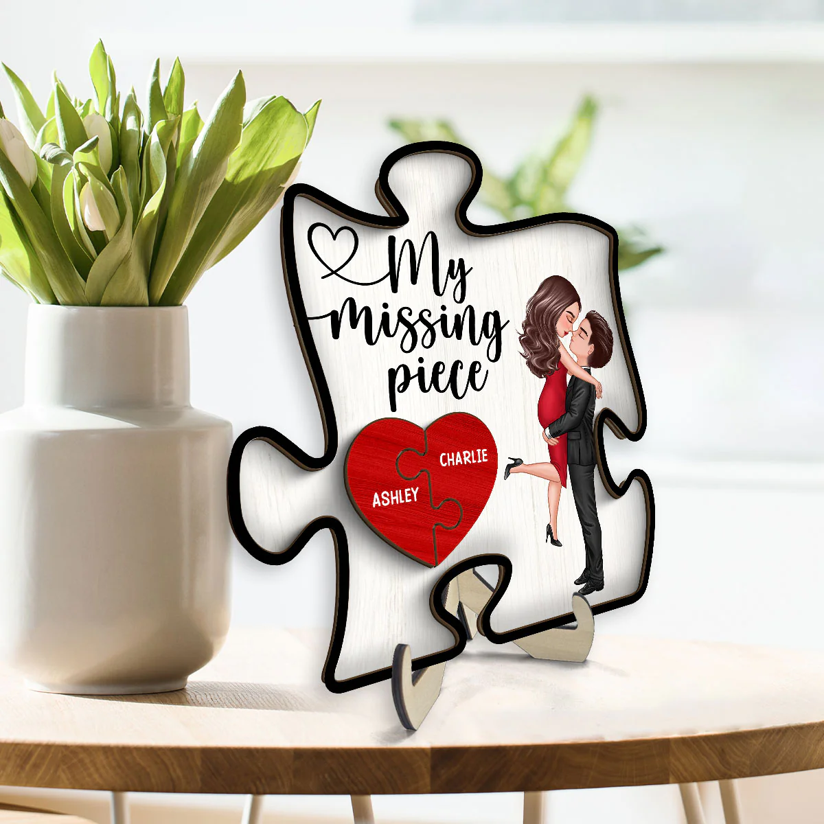 My Missing Piece Couple Hugging Kissing Puzzle Shaped - Personalized 2-Layered Wooden Plaque - Anniversary Gift For Couple, For Dad Mom - Image 3