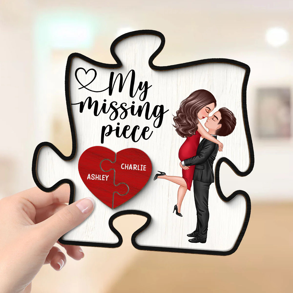 My Missing Piece Couple Hugging Kissing Puzzle Shaped - Personalized 2-Layered Wooden Plaque - Anniversary Gift For Couple, For Dad Mom - Image 4