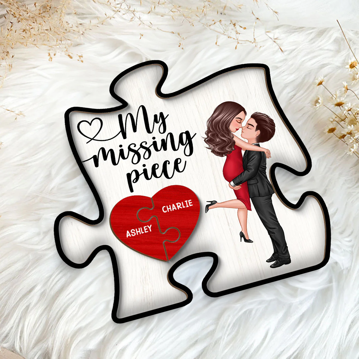 My Missing Piece Couple Hugging Kissing Puzzle Shaped - Personalized 2-Layered Wooden Plaque - Anniversary Gift For Couple, For Dad Mom - Image 5